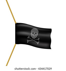 Pirate flag with skull symbol hanging on rope