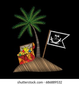 Pirate flag and trunk with palm tree embroidery stitches imitation on black background. Embroidery vector illustration with pirates flag and exotic palm tree. 