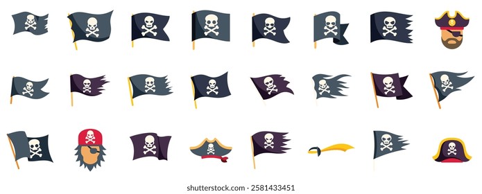 Pirate flag waving, skull and crossbones, jolly roger, hat, and saber icons collection