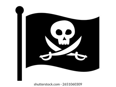 Pirate flag waving with skull and crossed sabers graphic on black background. Clipart image isolated on background.
