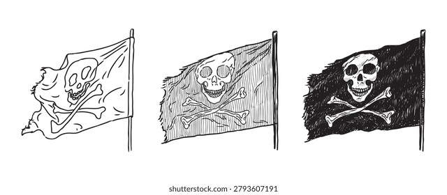 Pirate flag waving in wind, vector hand drawn illustration isolated on white background
