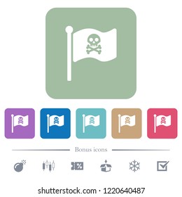 Pirate flag white flat icons on color rounded square backgrounds. 6 bonus icons included