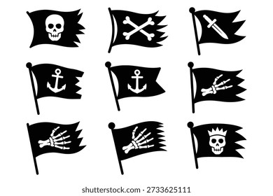 Bandeiras piratas crânio ossos cruzados âncora espada esqueleto mão coroa