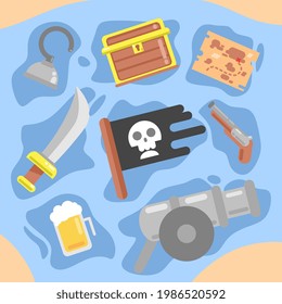 icono de pirata plana con accesorios piratas, bandera, mapa del tesoro, cofre del tesoro, armas. ilustración vectorial de conjunto de iconos