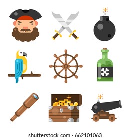 Pirate flat icon set. Adventure and decor element for escape battling game or kid room. Vector flat style cartoon illustration isolated on white background