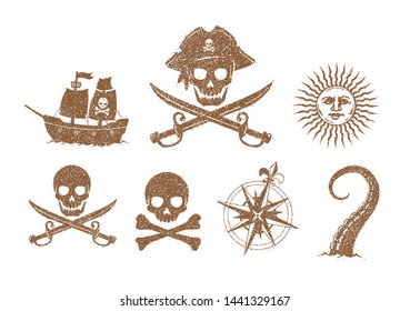 Pirate flat illustration set / grunge texture (skull,anchor,volcano,ship,compass,sun,kraken etc.)