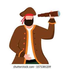 Pirate flat vector illustration. Clothing rental. Marine festival. Maritime costume ideas. Buccaneer isolated cartoon character on white background