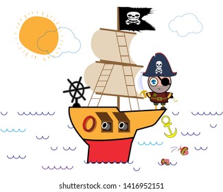 Pirate is floating on the ship. Vector illustration.