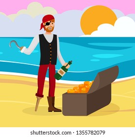 Pirate Found Gold Flat Color Cartoon Character. Man in Bandana and Eyepatch Vector Illustration. Guy with Hand Hook Discovered Chest with Coins. Corsair Celebrating Successful Treasure Hunt