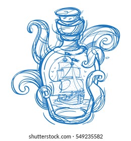 Pirate Frigate in a green glass bottle outline sketch of a tattoo. Monochrome illustration for design t-shirts and other items. Sea monster sticker. Illustration for coloring.