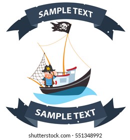 Pirate frigate with ribbon banner. Pictures on a naval theme.