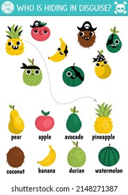 Pirate fruit hide and seek game. Treasure island hunt matching activity for kids. Sea adventures seek and find worksheet. Simple printable game with cute kawaii plants. Who is hiding in disguise
