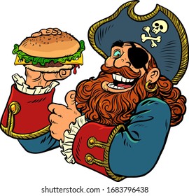 pirate funny character. fast food Burger. Comics caricature pop art retro illustration drawing