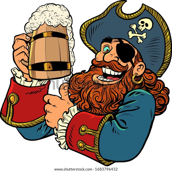 海賊のおかしなキャラクター 木製のビールジョッキレトロなイラストを描いた漫画風のポップアート のベクター画像素材 ロイヤリティフリー