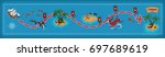 Pirate game in cartoon style. Seascape with a path image. Mobile interface with island and monsters: sea serpent, kraken. Vector illustration