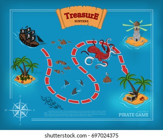 Pirate game in cartoon style. Seascape with a path image. Mobile interface with island and sea monsters: shark, kraken. Vector illustration