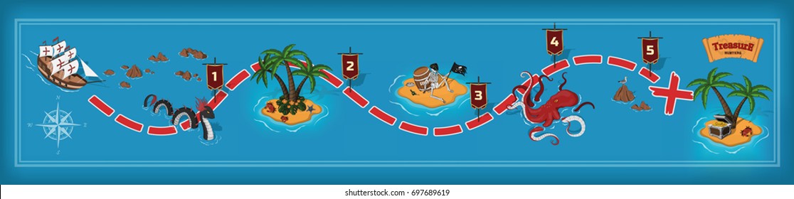 Pirate Game In Cartoon Style. Seascape With A Path Image. Mobile Interface With Island And Monsters: Sea Serpent, Kraken. Vector Illustration