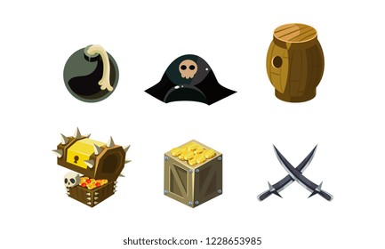 Pirate game elements set, bomb, hat, chest of gold, wooden barrel, crossed sabers, user interface assets for mobile apps or video games vector Illustration