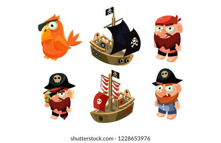 Pirate game elements set, male pirate, parrot, ship, user interface assets for mobile apps or video games vector Illustration