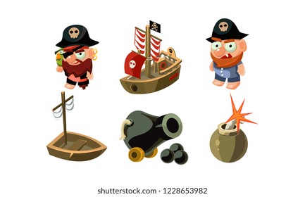 Pirate game elements set, male pirates, cannon, ship, user interface assets for mobile apps or video games vector Illustration on a white background