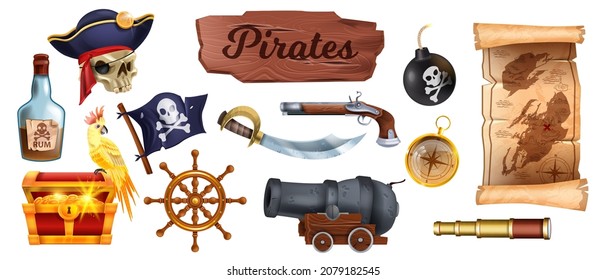 Pirate Game Icon Set, Vector Cartoon Corsair Object, Vintage Parchment Map, Skull, Iron Cannon, Saber. Ancient Treasure Chest, Rum Bottle, Jolly Roger Flag, UI RPG Elements On White. Pirate Game Kit