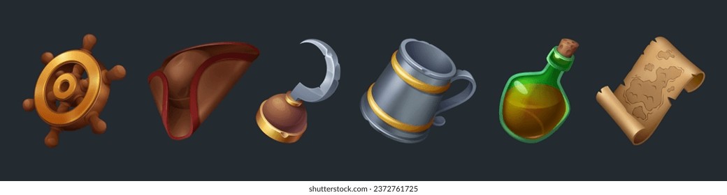 Pirate game icons for sea and ocean adventure concept. Cartoon vector illustration set of corsair ui element - wooden steering wheel, captain hat and hook, rum in glass bottle and map on old parchment