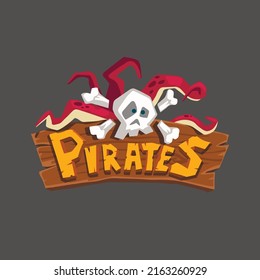 Pirate game logo. Cartoon skull with kraken. Mobile videogame emblem. Funny corsair sign. Gamers clipart. 3d wooden logotype. Vector illustration