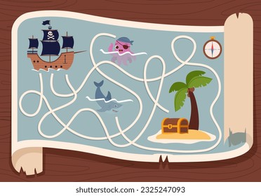 Pirate game with map concept. Ship, octopus and shark with paths to island with palm tree and treasures. Educational materials for children. Intellectual game. Cartoon flat vector illustration
