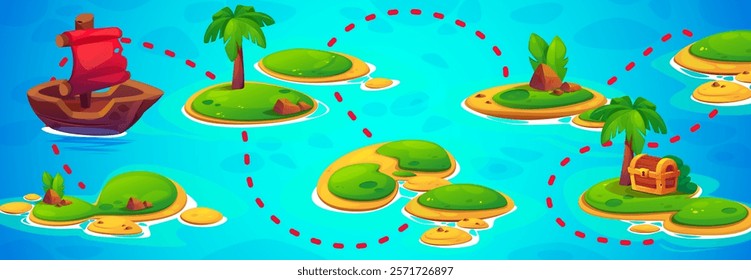 Pirate game map. Vector cartoon illustration of tropical islands with palm trees, old ship with scarlet sails, path to treasure chest. Pirate adventure route for navigation between gaming levels