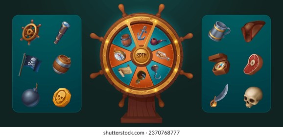 Rueda de giro de juego pirata con ranura para el icono de fortuna ui. Botella aislada con mapa del tesoro, moneda de cráneo, pergamino y colección de banderas para la interfaz gui roulette. Lotería afortunada para jugar y ganar bono