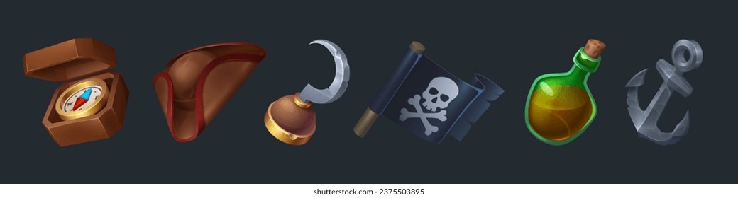 Pirate game ui design elements isolated on background. Vector cartoon illustration of vintage compass for navigation, hat, arm hook, black flag with jolly roger sign, corked rum bottle, ship anchor