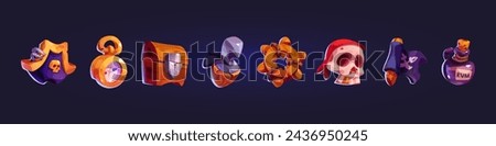 Pirate game ui icons set with cartoon vector compass and close wooden chest with treasure, metal hook and steering wheel, skull in red kerchief and black flag, rum in bottle with cork and captain hat.