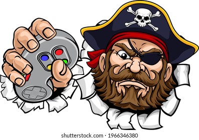 A pirate gamer mascot holding video game controller playing games cartoon character