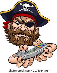 A pirate gamer mascot holding video game controller playing games cartoon character