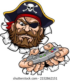 A pirate gamer mascot holding video game controller playing games cartoon character