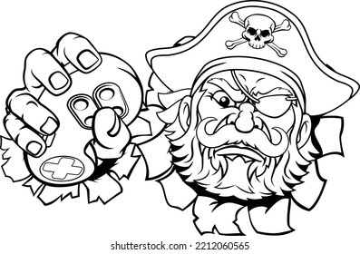 A pirate gamer mascot holding video game controller playing games cartoon character