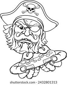 A pirate gamer mascot holding video game controller playing games cartoon character