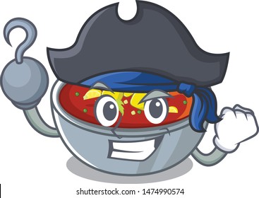 Pirate gazpacho is poured into cartoon bowl