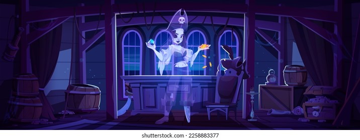 Pirate ghost in cabine on ship at night. Abandoned room with spooky captain corsair holding coin. Scary dark interior halloween vector background cartoon illustration with female character.