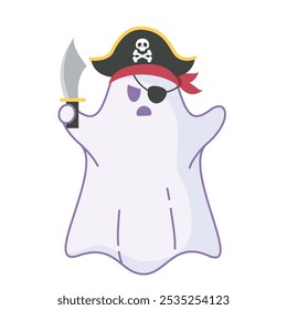 Pirate ghost cartoon character with sword and eyepatch, Vector