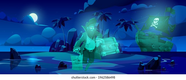 Pirate ghost on haunted island, spooky dead filibuster captain spirit with hook hand and wooden leg prosthesis on night tropical beach with ship, chest and treasure map. Cartoon vector illustration