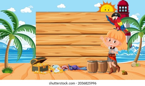Pirate girl at the beach daytime scene with an empty wooden banner template illustration