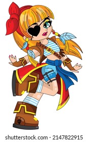 A pirate girl in a bright fashionable costume runs merrily. Children's illustration.
