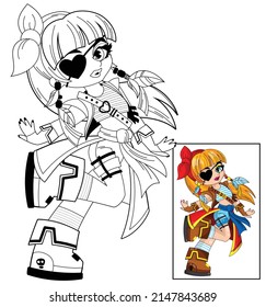 A pirate girl in a bright fashionable costume runs merrily. Children's illustration coloring book.