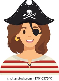 Pirate girl character in flat style. Cartoon pirate girl isolated on white backgorund. Vector stock