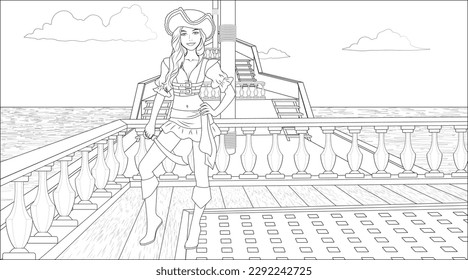 Pirate Girl Coloring Page with a Ship Background in the Sea. Vector Illustration