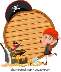 A pirate girl with an empty banner isolated on white background illustration