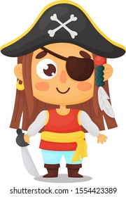 Pirate girl holding a sword. Cute girl dressed in а pirate costume. Vector illustration.
