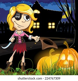 Pirate girl and Jack o lanterns near the house with glowing windows. Halloween night scene 