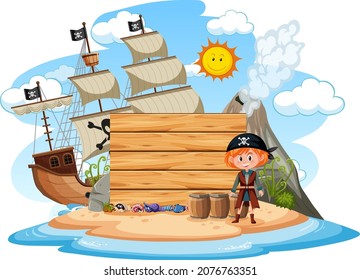 A pirate girl on the island with an empty banner isolated on white background illustration